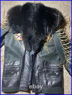 VINTAGE Exclusivos Baez WOMENS L FOX FUR LEATHER WESTERN FRINGE JACKET COAT BULL