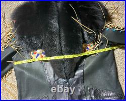 VINTAGE Exclusivos Baez WOMENS L FOX FUR LEATHER WESTERN FRINGE JACKET COAT BULL