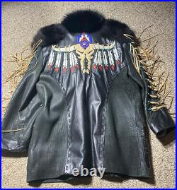 VINTAGE Exclusivos Baez WOMENS L FOX FUR LEATHER WESTERN FRINGE JACKET COAT BULL