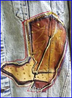 VTG 1980s Sport Deco Hand Painted Denim Western Jacket Cowboy Rodeo Bull Texas