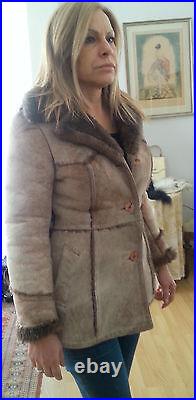 VTG 70S dolly mod hippie WARM Suede Beige Brown shearling COAT JACKET sz10, S