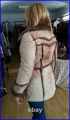 VTG 70S dolly mod hippie WARM Suede Beige Brown shearling COAT JACKET sz10, S