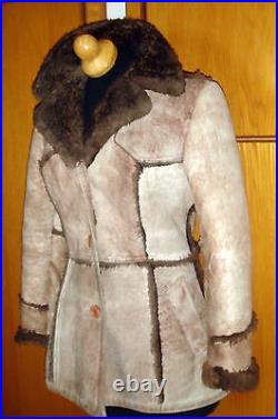 VTG 70S dolly mod hippie WARM Suede Beige Brown shearling COAT JACKET sz10, S