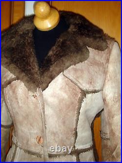 VTG 70S dolly mod hippie WARM Suede Beige Brown shearling COAT JACKET sz10, S