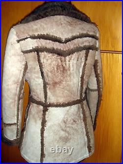 VTG 70S dolly mod hippie WARM Suede Beige Brown shearling COAT JACKET sz10, S