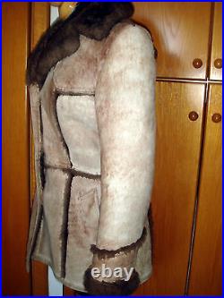 VTG 70S dolly mod hippie WARM Suede Beige Brown shearling COAT JACKET sz10, S