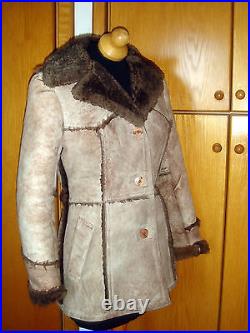 VTG 70S dolly mod hippie WARM Suede Beige Brown shearling COAT JACKET sz10, S