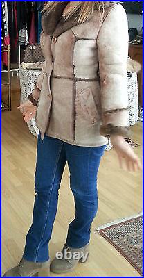 VTG 70S dolly mod hippie WARM Suede Beige Brown shearling COAT JACKET sz10, S