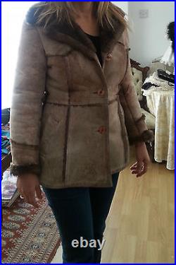 VTG 70S dolly mod hippie WARM Suede Beige Brown shearling COAT JACKET sz10, S