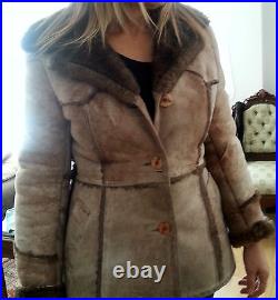 VTG 70S dolly mod hippie WARM Suede Beige Brown shearling COAT JACKET sz10, S