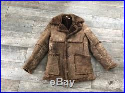 VTG 70s Brown Sheepskin Wool Shearling Marlboro Man Coat Western Hippy Jacket 38