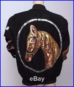 VTG 80's Black Sequin Beaded Horse Horseshoe Western Equestrian Novelty Jacket S