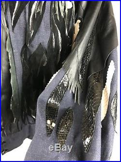 VTG 80's Neiman Marcus Beaded Zebra Western Denim Leather Rocker Jacket Fringe L