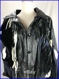 VTG 80's Neiman Marcus Beaded Zebra Western Denim Leather Rocker Jacket Fringe L