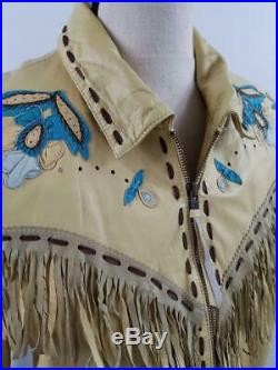 VTG Double D Ranch Womens S Yellow Tan Leather Western Jacket Fringe Embroidered