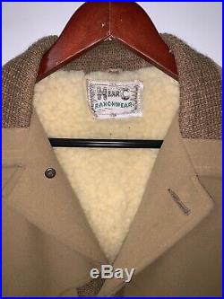 VTG H BAR C Mens Size 40 Large Faux Sherpa Tan Brown Western Cowboy Coat Jacket