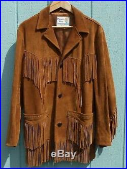 VTG Pioneer Wear Fringe Leather Jacket Coat Brown Suede Hippy Western
