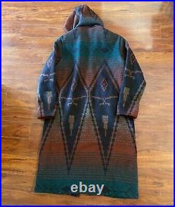 VTG Woolrich Navajo Southwest Aztec Wool Tassel Hooded Jacket Trench Coat USA XL