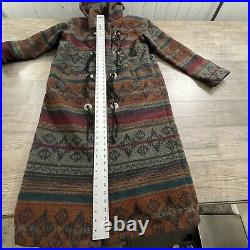 VTG Woolrich Southwestern Aztec Wool Hooded Long Coat Jacket Tassels Sz Lg
