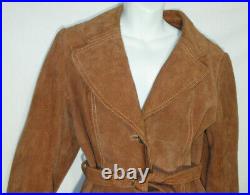 Vintage 1970's Coat Suede Leather Western Jacket Cow Hide Trench Belt Tie Boho