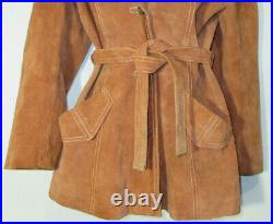 Vintage 1970's Coat Suede Leather Western Jacket Cow Hide Trench Belt Tie Boho