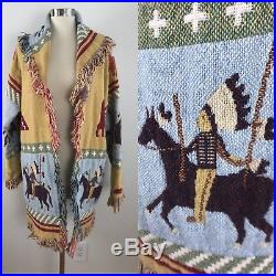 Vintage 1980s BLANKET Coat WESTERN Sweater Jacket Indians Horses Fringe S XL