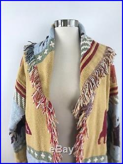 Vintage 1980s BLANKET Coat WESTERN Sweater Jacket Indians Horses Fringe S XL