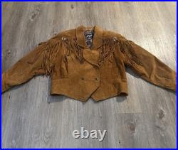 Vintage 1980s Suede Fringe Fitted Cropped Jacket withConches Snaps Size Medium