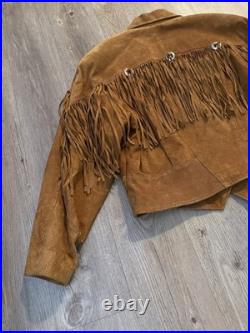 Vintage 1980s Suede Fringe Fitted Cropped Jacket withConches Snaps Size Medium