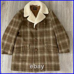 Vintage 60s Pendleton Shadow Plaid Brown Wool Blanket Coat USA Mod Atomic L/XL