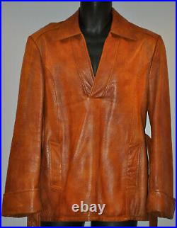 Vintage 70s NETO TAN Leather PULLOVER Belted Jacket Western MOUNTAIN MAN Coat L