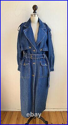 Vintage 80s 90s Denim Jean Duster Trench Jacket Coat Work Chore Heavyweight