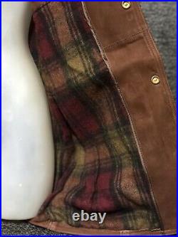 Vintage 90's Schott Brown Leather Barn Coat Jacket Wool Flannel Lined Sz 38