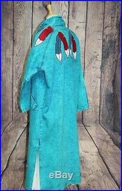 Vintage Acid Wash Jean Jacket Duster Coat Feather Western Native American Large