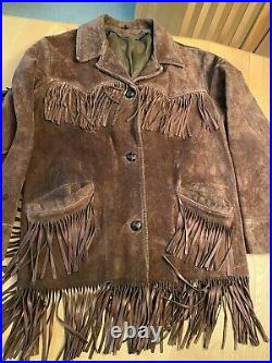 Vintage Brown Suede Leather All Over Fringe Western Style Jacket Womens Sz M/l
