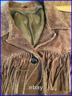 Vintage Brown Suede Leather All Over Fringe Western Style Jacket Womens Sz M/l