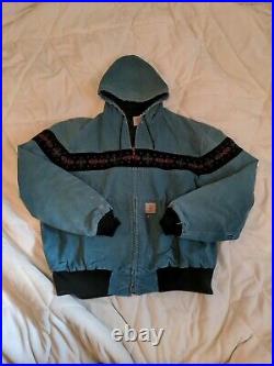 Vintage Carhartt Tribal Aztec Southwest Distressed Blue Jacket Coat Mens Large L