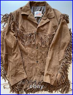 Vintage Excelled Brown Fringed Leather Snap Button Collared Jacket Coat XL RARE