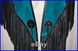 Vintage Hyde TURQUOISE suede black leather fringed Western PONCHO cape OSFA NEW