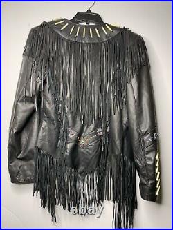 Vintage Leather Jacket Coat Renegade Ren Ellis Western Native Fringe Beaded S/M