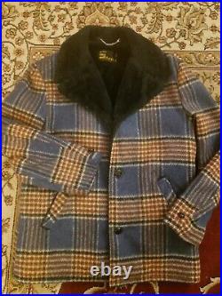 Vintage Mens Plaid Wool Coat Sherpa Trim Western Ranch Barn Jacket sz 44 LG USA