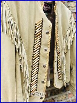 Vintage Overland Native Western Suede Leather Cowboy Fringe Bead Coat Jacket USA