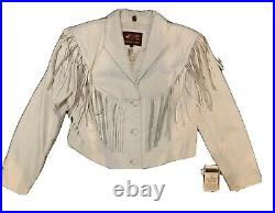 Vintage PIONEER WEAR White Ivory Leather Fringe WESTERN jacket Coat Size 14