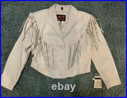 Vintage PIONEER WEAR White Ivory Leather Fringe WESTERN jacket Coat Size 14