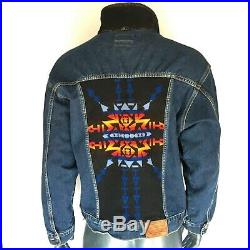 Vintage Pendleton Mens Denim Jacket Size XL Aztec Print Wool Inset Rodeo Western