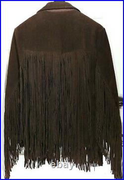 Vintage Pioneer Wear Chocolate Brown Suede Leather Long Fringe Jacket Coat Sz 40