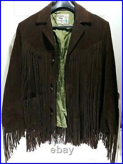 Vintage Pioneer Wear Chocolate Brown Suede Leather Long Fringe Jacket Coat Sz 40