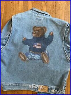Vintage Ralph Lauren Polo Denim Jean Jacket Mens M Bear Flag USA 90s Western