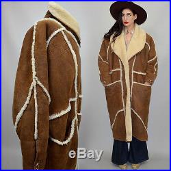 Vintage Shearling Sheep Fur Maxi Western Embroidered Coat Beaded Blanket Navajo