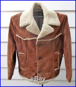 Vintage Sherpa Lined Heavy Suede Leather Jacket Western Rancher Size 42 Made USA